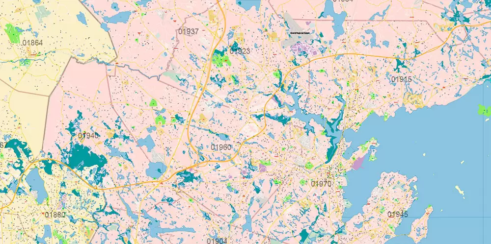 Boston Massachusetts US PDF Map Vector Exact City Plan High Detailed Street Map Metro Area + ZIP-Codes editable Adobe PDF in layers