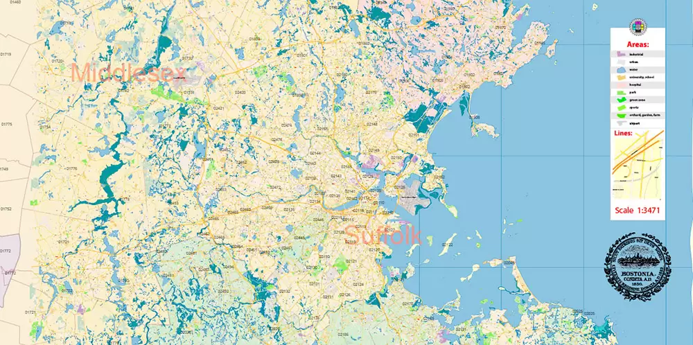 Boston Massachusetts US PDF Map Vector Exact City Plan High Detailed Street Map Metro Area + ZIP-Codes editable Adobe PDF in layers