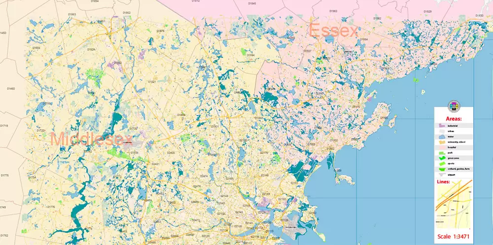 Boston Massachusetts US PDF Map Vector Exact City Plan High Detailed Street Map Metro Area + ZIP-Codes editable Adobe PDF in layers