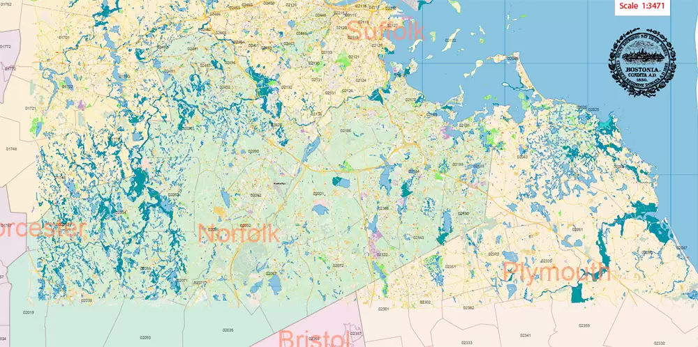 Boston Massachusetts US PDF Map Vector Exact City Plan High Detailed Street Map Metro Area + ZIP-Codes editable Adobe PDF in layers