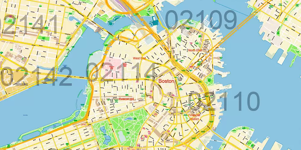 Boston Massachusetts US PDF Map Vector Exact City Plan High Detailed Street Map Metro Area + ZIP-Codes editable Adobe PDF in layers
