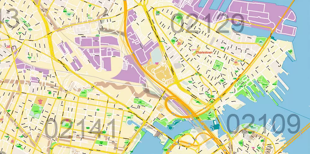 Boston Massachusetts US PDF Map Vector Exact City Plan High Detailed Street Map Metro Area + ZIP-Codes editable Adobe PDF in layers