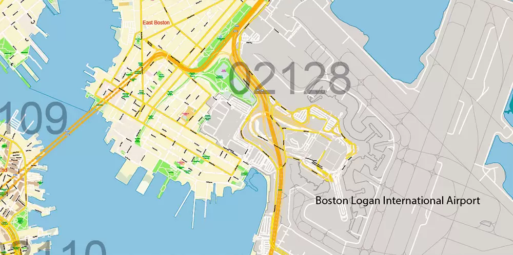 Boston Massachusetts US PDF Map Vector Exact City Plan High Detailed Street Map Metro Area + ZIP-Codes editable Adobe PDF in layers