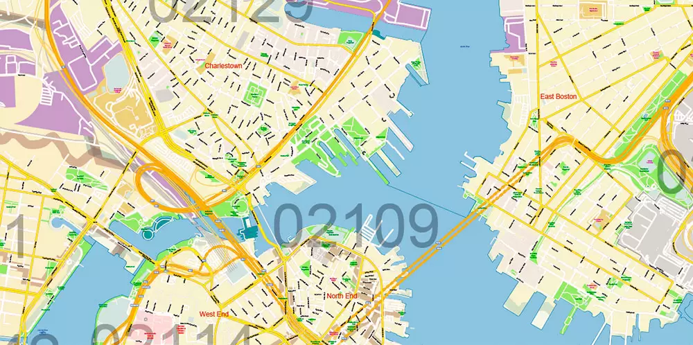 Boston Massachusetts US PDF Map Vector Exact City Plan High Detailed Street Map Metro Area + ZIP-Codes editable Adobe PDF in layers