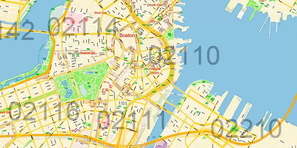 Boston Massachusetts US PDF Map Vector Exact City Plan High Detailed Street Map Metro Area + ZIP-Codes editable Adobe PDF in layers