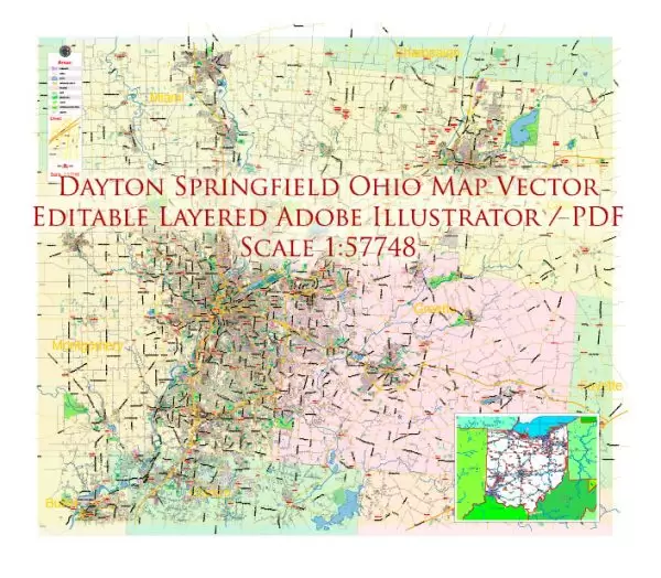 Dayton Springfield Ohio US Map Vector Exact City Plan LOW Detailed Street Map + ZIP-Codes editable Adobe Illustrator in layers