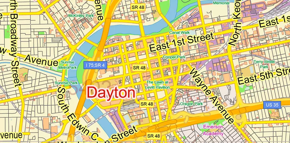 Dayton Springfield Ohio US PDF Map Vector Exact City Plan LOW Detailed Street Map + ZIP-Codes editable Adobe PDF in layers