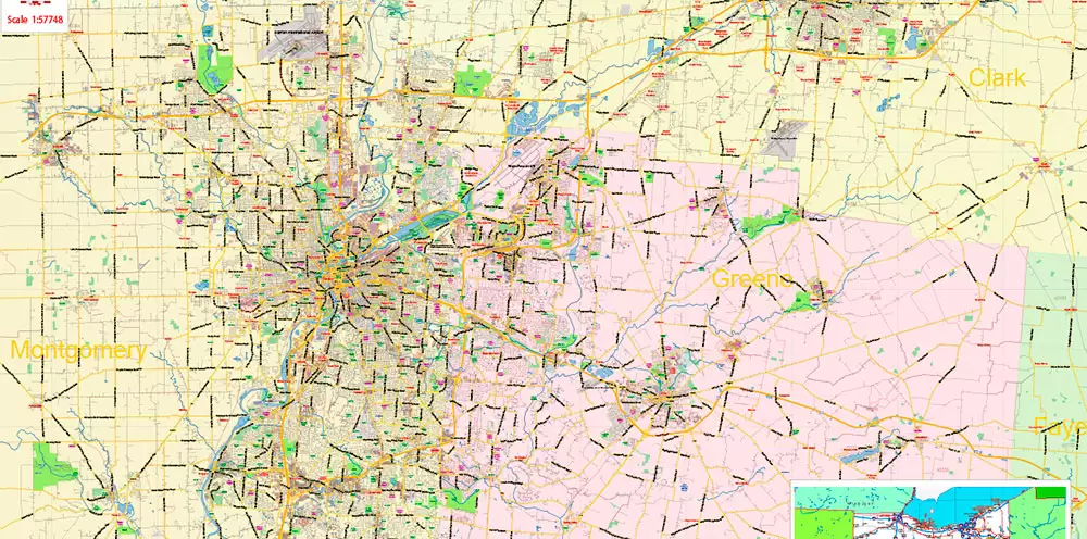 Dayton Springfield Ohio US PDF Map Vector Exact City Plan LOW Detailed Street Map + ZIP-Codes editable Adobe PDF in layers