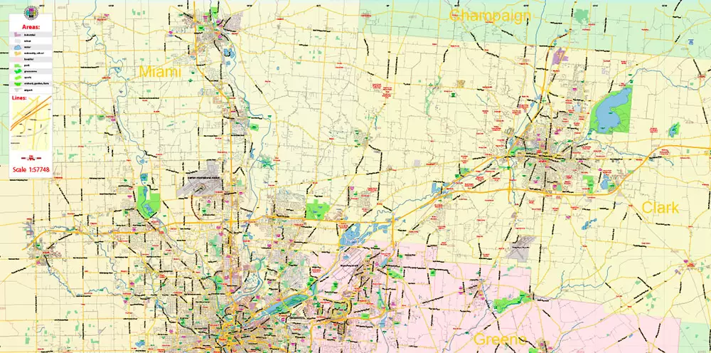 Dayton Springfield Ohio US PDF Map Vector Exact City Plan LOW Detailed Street Map + ZIP-Codes editable Adobe PDF in layers