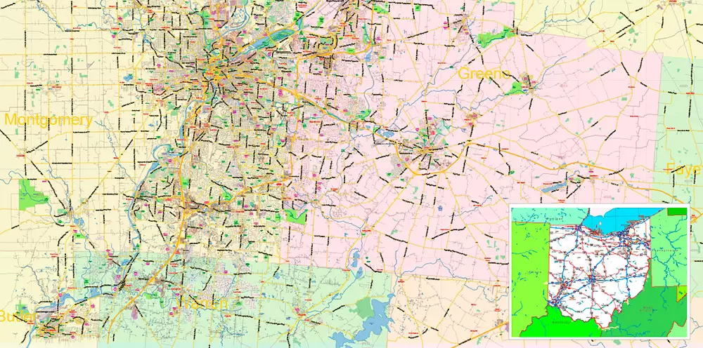 Dayton Springfield Ohio US PDF Map Vector Exact City Plan LOW Detailed Street Map + ZIP-Codes editable Adobe PDF in layers