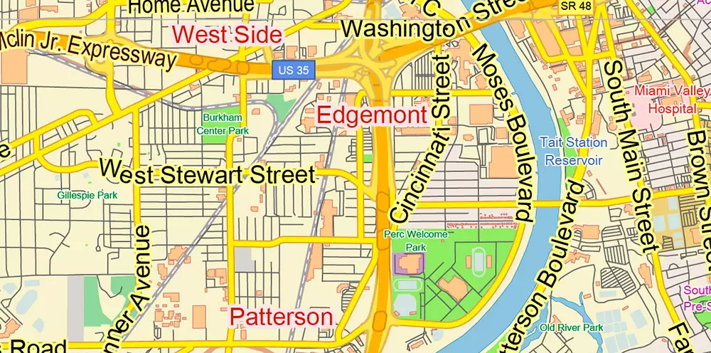 Dayton Springfield Ohio US PDF Map Vector Exact City Plan LOW Detailed Street Map + ZIP-Codes editable Adobe PDF in layers