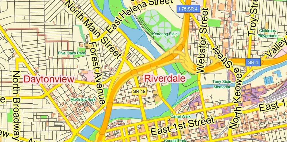Dayton Springfield Ohio US PDF Map Vector Exact City Plan LOW Detailed Street Map + ZIP-Codes editable Adobe PDF in layers