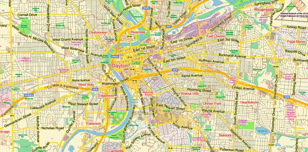 Dayton Springfield Ohio US PDF Map Vector Exact City Plan LOW Detailed Street Map + ZIP-Codes editable Adobe PDF in layers