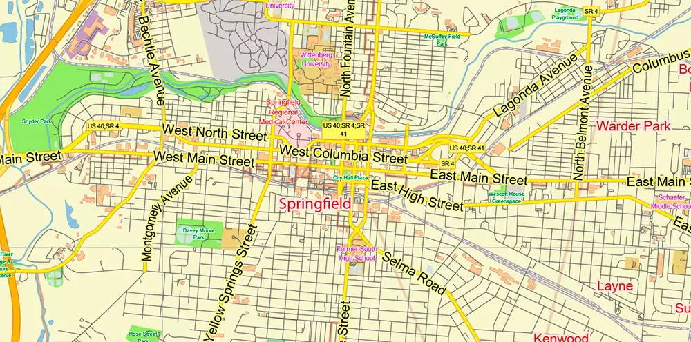 Dayton Springfield Ohio US PDF Map Vector Exact City Plan LOW Detailed Street Map + ZIP-Codes editable Adobe PDF in layers