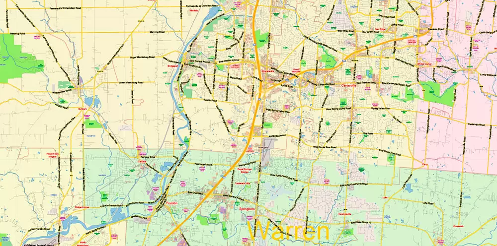 Dayton Springfield Ohio US PDF Map Vector Exact City Plan LOW Detailed Street Map + ZIP-Codes editable Adobe PDF in layers