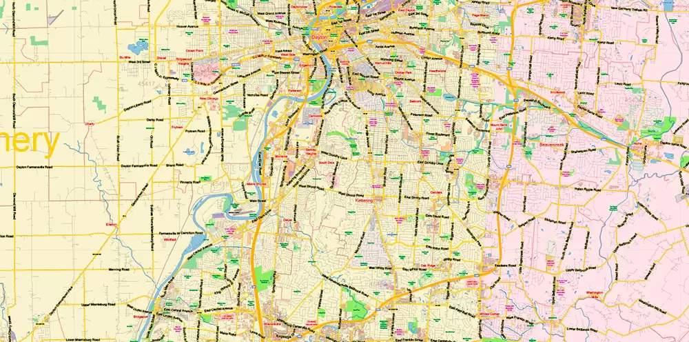 Dayton Springfield Ohio US PDF Map Vector Exact City Plan LOW Detailed Street Map + ZIP-Codes editable Adobe PDF in layers