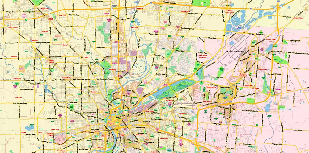 Dayton Springfield Ohio US PDF Map Vector Exact City Plan LOW Detailed Street Map + ZIP-Codes editable Adobe PDF in layers