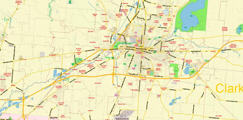 Dayton Springfield Ohio US PDF Map Vector Exact City Plan LOW Detailed Street Map + ZIP-Codes editable Adobe PDF in layers