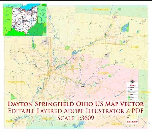 Dayton Springfield Ohio US Map Vector Exact City Plan High Detailed Street Map + ZIP-Codes editable Adobe Illustrator in layers