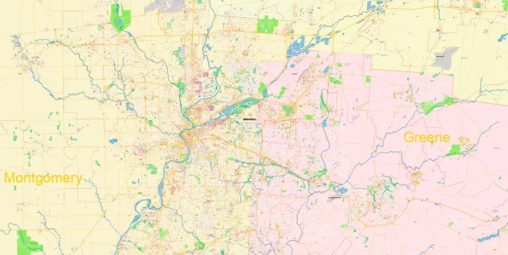 Dayton Springfield Ohio US PDF Map Vector Exact City Plan High Detailed Street Map + ZIP-Codes editable Adobe PDF in layers