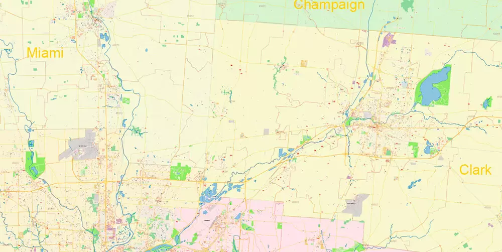 Dayton Springfield Ohio US PDF Map Vector Exact City Plan High Detailed Street Map + ZIP-Codes editable Adobe PDF in layers