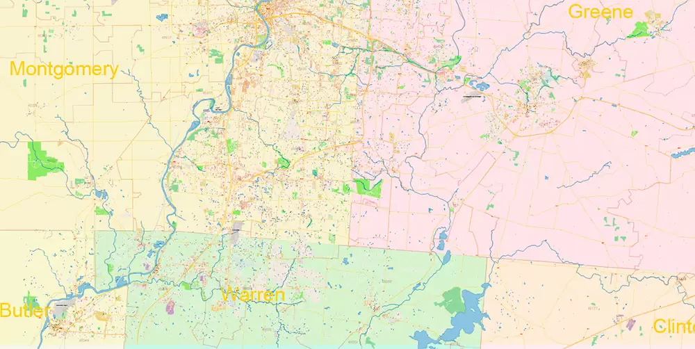 Dayton Springfield Ohio US PDF Map Vector Exact City Plan High Detailed Street Map + ZIP-Codes editable Adobe PDF in layers