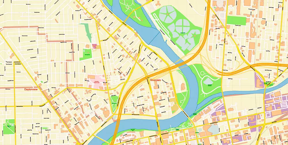 Dayton Springfield Ohio US PDF Map Vector Exact City Plan High Detailed Street Map + ZIP-Codes editable Adobe PDF in layers