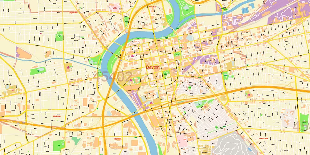Dayton Springfield Ohio US PDF Map Vector Exact City Plan High Detailed Street Map + ZIP-Codes editable Adobe PDF in layers