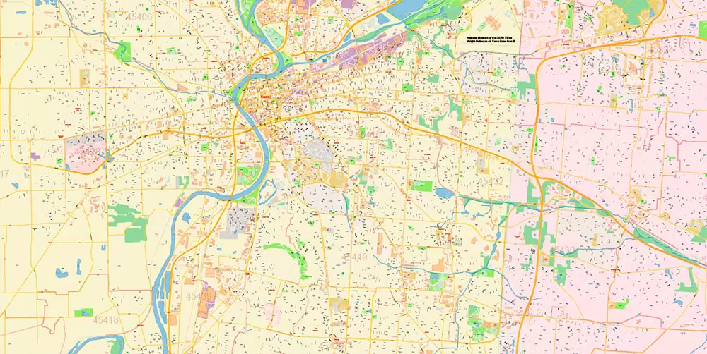 Dayton Springfield Ohio US PDF Map Vector Exact City Plan High Detailed Street Map + ZIP-Codes editable Adobe PDF in layers