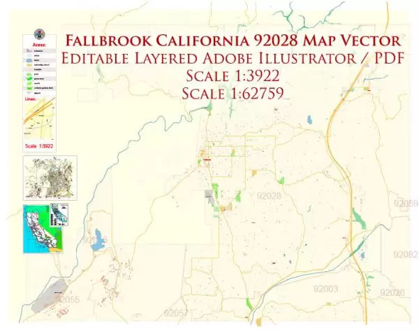 Fallbrook California 92028 US Map Vector Exact City Plan High Detailed Street Map editable Adobe Illustrator + PDF in layers
