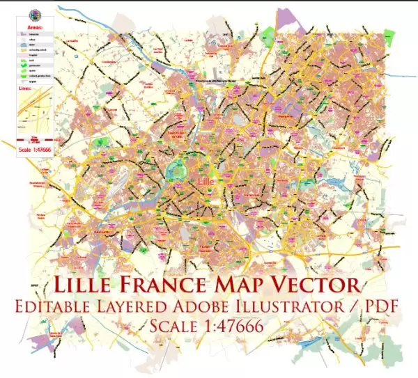 Lille France Map Vector Exact City Plan Low Detailed Street Map editable Adobe Illustrator in layers