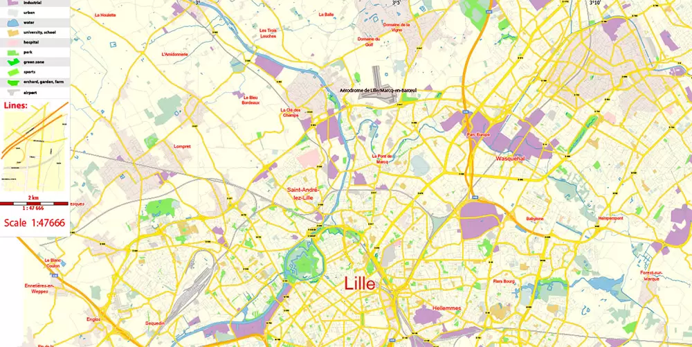 Lille France Map Vector Free Editable Layered Adobe Illustrator + PDF + SVG