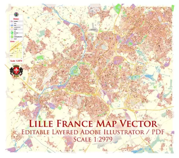 Lille France Map Vector Exact City Plan High Detailed Street Map editable Adobe Illustrator in layers