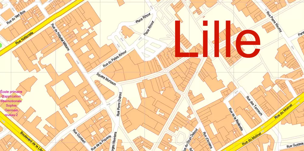 Lille France Map Vector Exact City Plan High Detailed Street Map editable Adobe Illustrator in layers