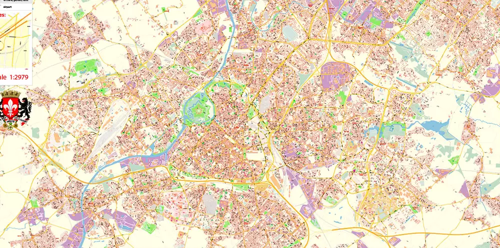 Lille France Map Vector Exact City Plan High Detailed Street Map editable Adobe Illustrator in layers