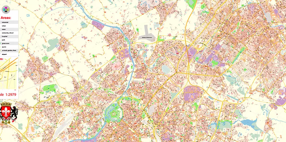 Lille France Map Vector Exact City Plan High Detailed Street Map editable Adobe Illustrator in layers