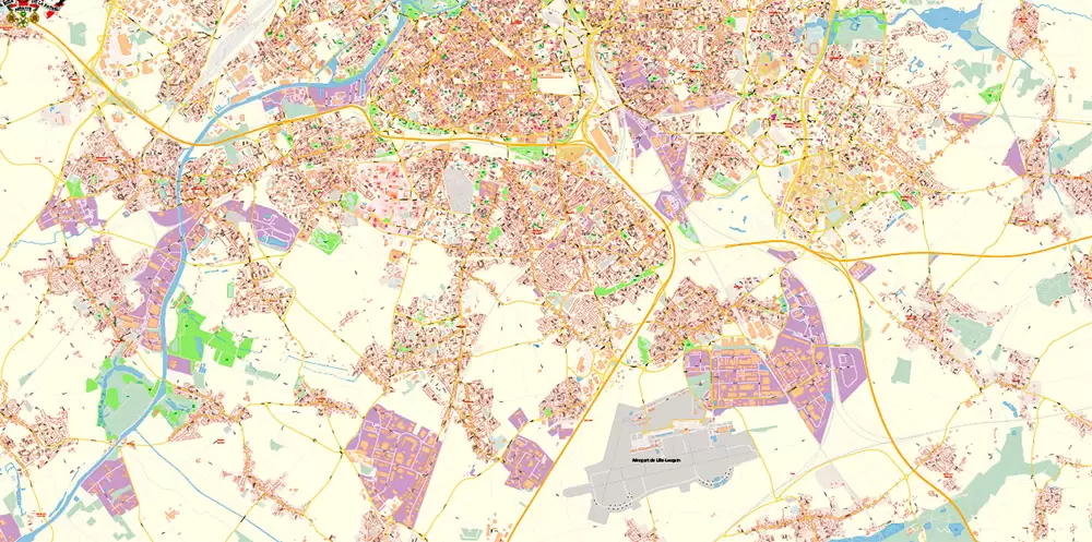 Lille France Map Vector Exact City Plan High Detailed Street Map editable Adobe Illustrator in layers