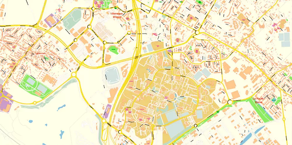 Lille France Map Vector Exact City Plan High Detailed Street Map editable Adobe Illustrator in layers