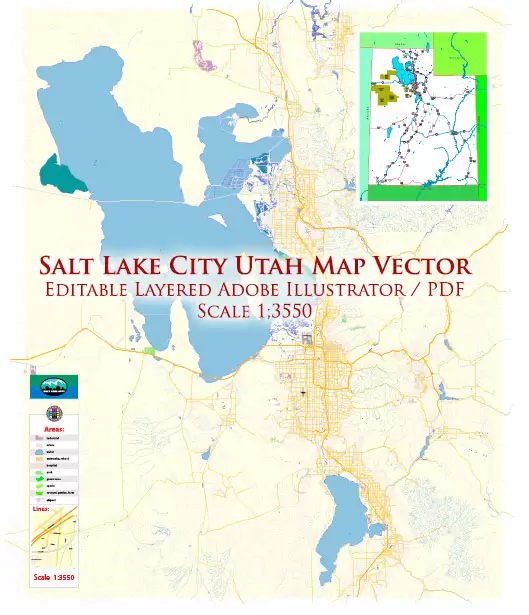 Salt Lake City Utah US Map Vector Exact City Plan High Detailed Street Map editable Adobe Illustrator in layers