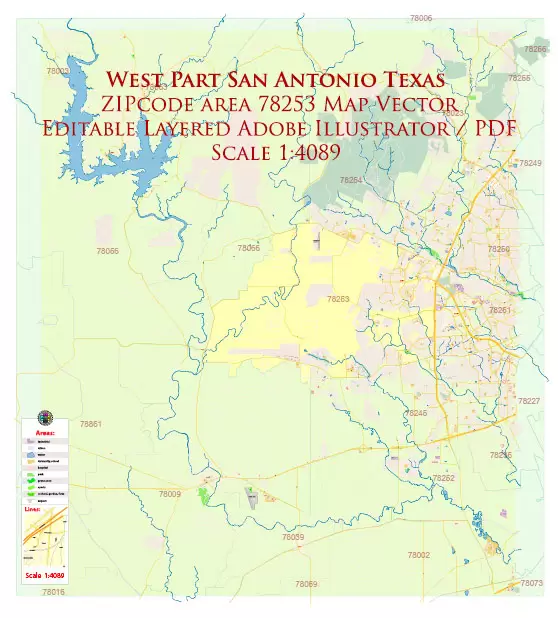 San Antonio West 78253 Texas US Map Vector Exact City Plan High Detailed Street Map editable Adobe Illustrator in layers