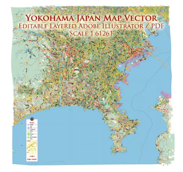 Yokohama Japan Map Vector Exact City Plan Low Detailed Street Map editable Adobe Illustrator in layers