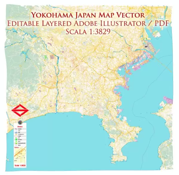 Yokohama Japan Map Vector Exact City Plan High Detailed Street Map editable Adobe Illustrator in layers