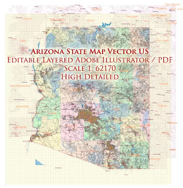 Arizona State US Map Vector Exact State Plan High Detailed Road Map + admin + Zipcodes editable Adobe Illustrator in layers