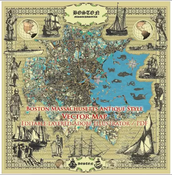 Boston Massachusetts US Map Vector Antique Style City Plan Detailed Street Mapeditable Adobe Illustrator in layers