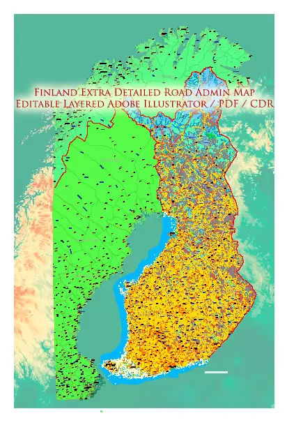 Finland Map Vector Full Extra High Detailed 01 (all roads) + Relief + Admin Areas editable Adobe Illustrator in layers
