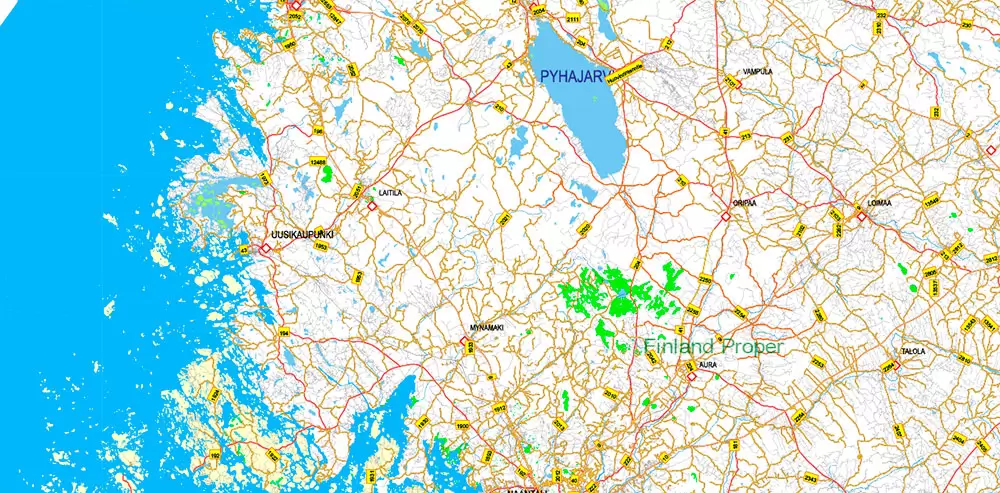 Finland Map Vector Full Extra High Detailed 01 (all roads) + Relief + Admin Areas editable Adobe Illustrator in layers