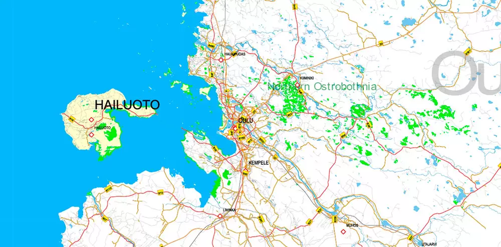 Finland Map Vector Full Extra High Detailed 01 (all roads) + Relief + Admin Areas editable Adobe Illustrator in layers