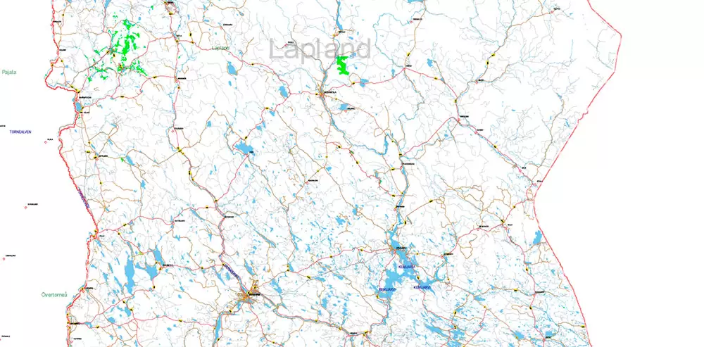 Finland Map Vector Full Extra High Detailed 01 (all roads) + Relief + Admin Areas editable Adobe Illustrator in layers