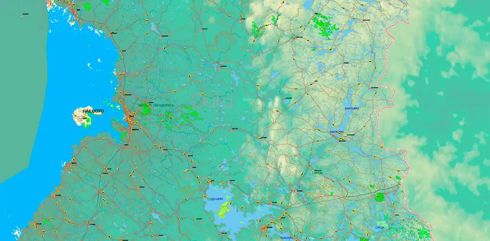Finland Map Vector Full Extra High Detailed 01 (all roads) + Relief + Admin Areas editable Adobe Illustrator in layers