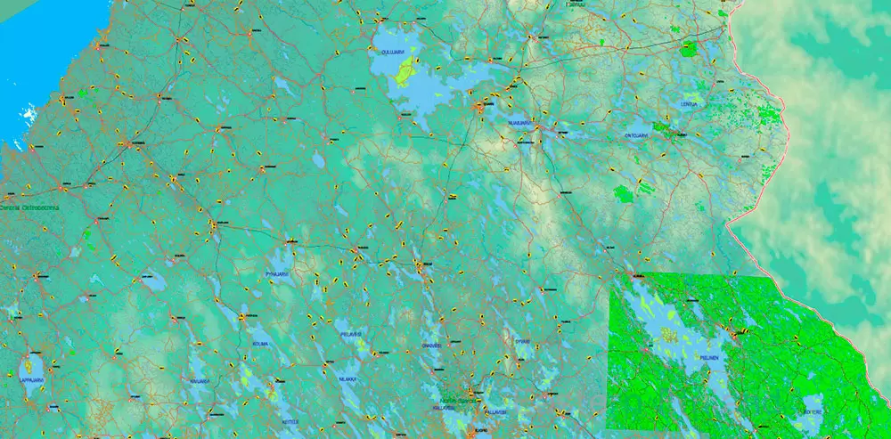 Finland Map Vector Full Extra High Detailed 01 (all roads) + Relief + Admin Areas editable Adobe Illustrator in layers